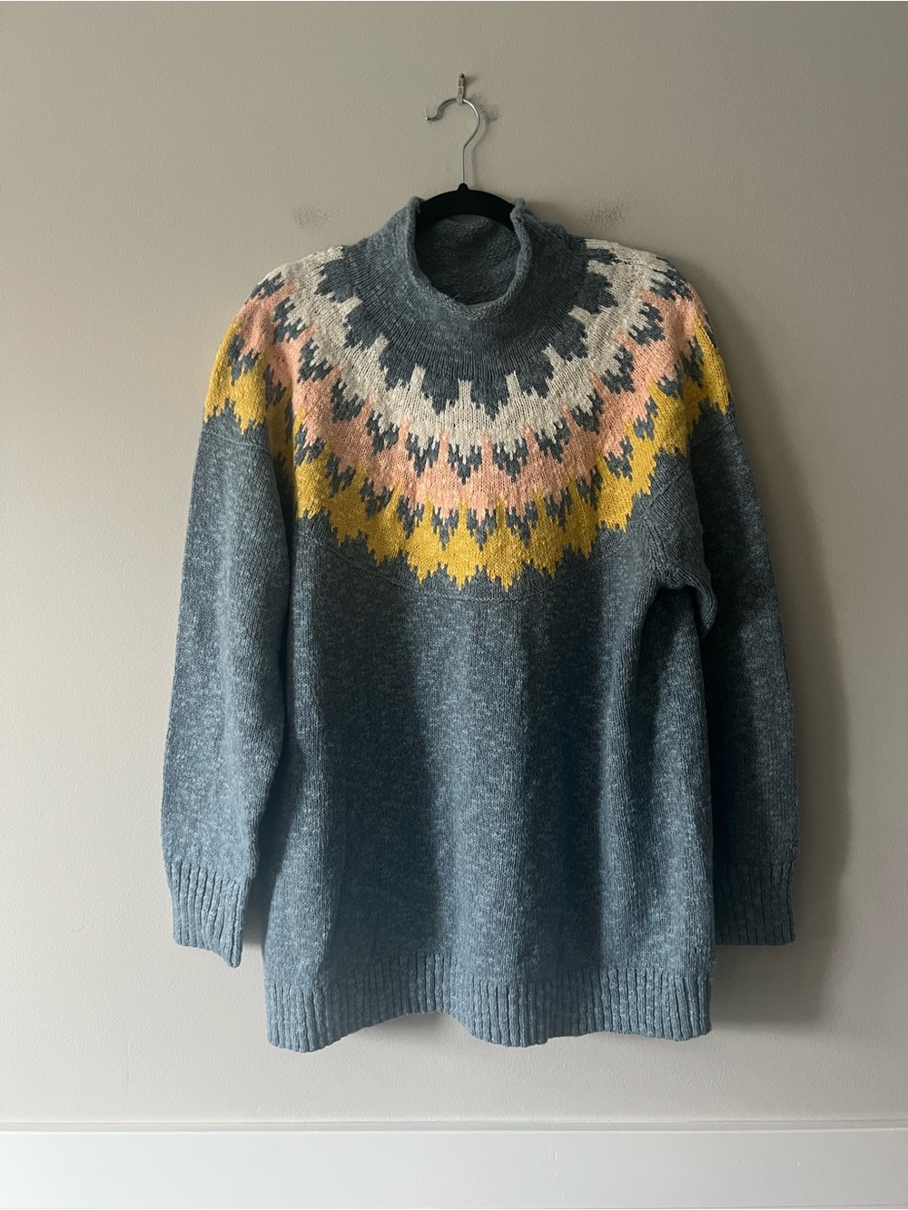 L.L.Bean Fair Isle Roll Neck Sweater Blue Cotton Nordic Pullover Cottagecore